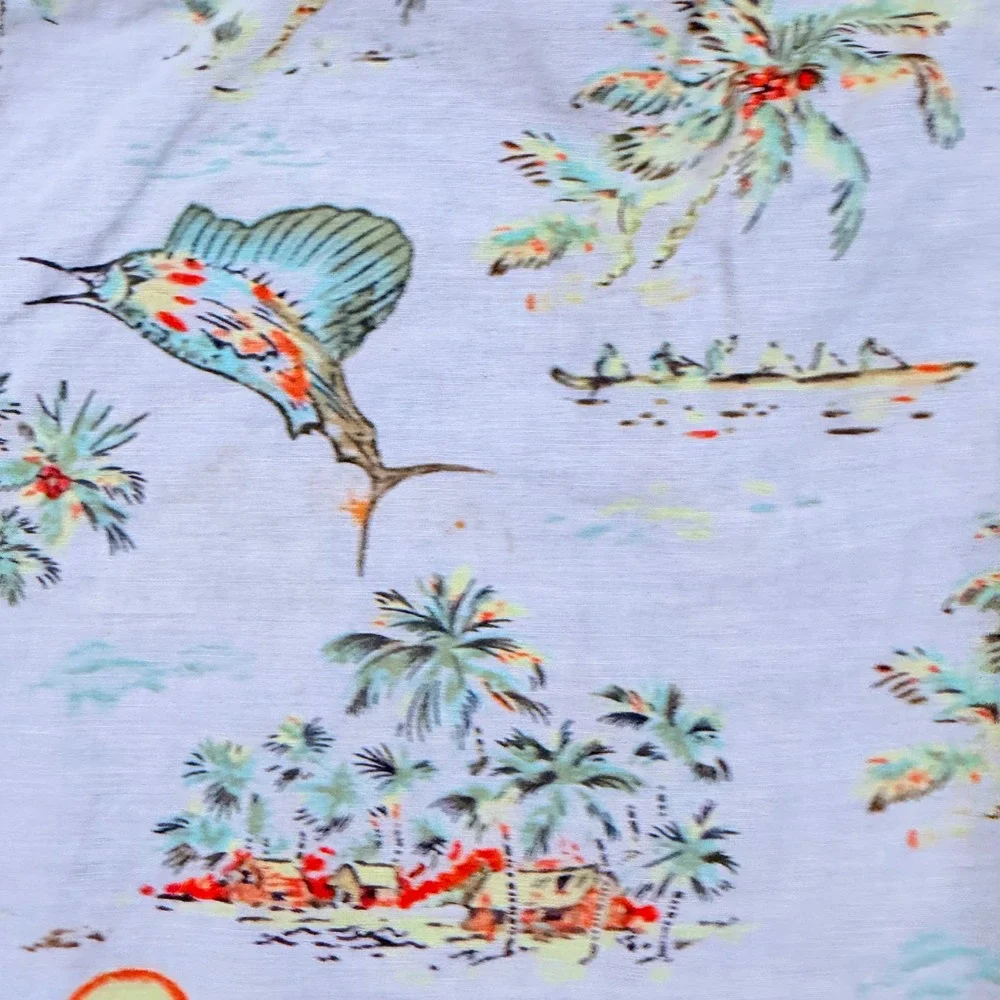J. Crew Shirt Mens Large Blue Chambray Tropical Marlin Island Button Down